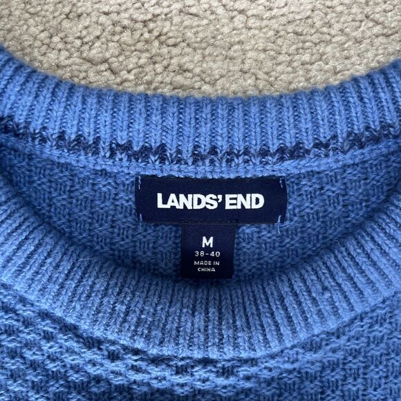Lands End Chunky Knit Sweater Mens Medium Blue Fisherman Textured Preppy Warm - Picture 2 of 6